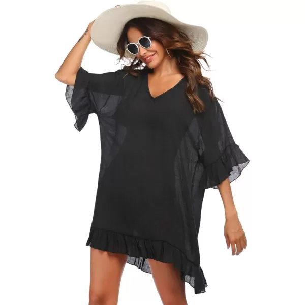 Ekouaer Womens Swimsuit Coverup V Neck Bathing Suit Beach Dress Sexy Ruffle Sleeves Bikini Cover Up Loose Top XS3XL01 Black