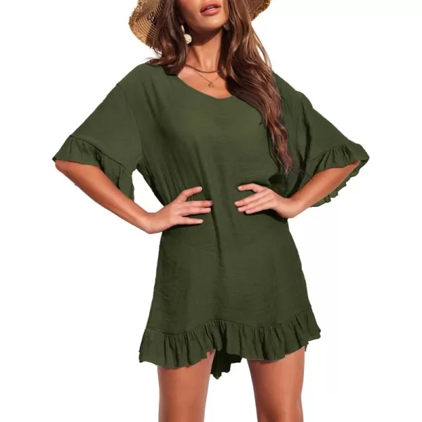 Ekouaer Womens Swimsuit Coverup V Neck Bathing Suit Beach Dress Sexy Ruffle Sleeves Bikini Cover Up Loose Top XS3XLBarmy Green