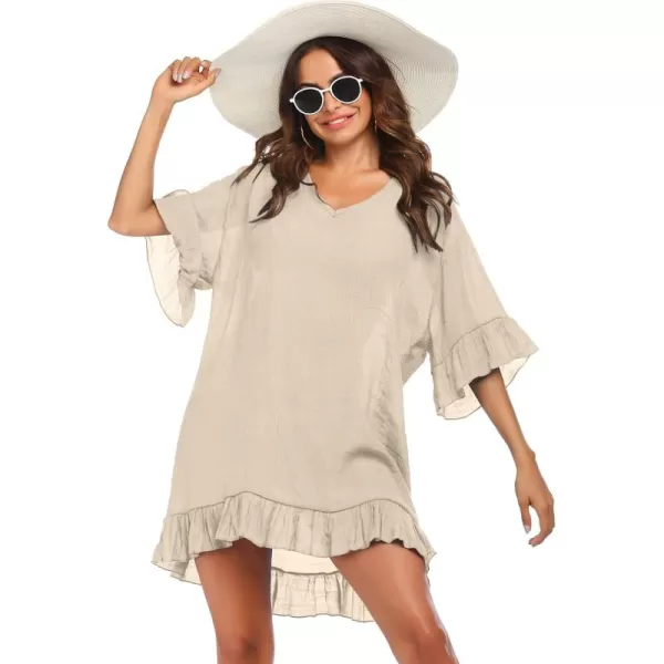 Ekouaer Womens Swimsuit Coverup V Neck Bathing Suit Beach Dress Sexy Ruffle Sleeves Bikini Cover Up Loose Top XS3XLBeige