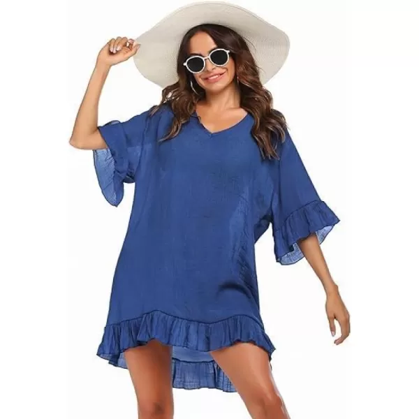 Ekouaer Womens Swimsuit Coverup V Neck Bathing Suit Beach Dress Sexy Ruffle Sleeves Bikini Cover Up Loose Top XS3XLBlue