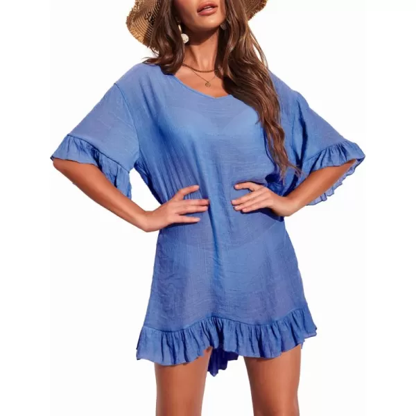 Ekouaer Womens Swimsuit Coverup V Neck Bathing Suit Beach Dress Sexy Ruffle Sleeves Bikini Cover Up Loose Top XS3XLClear Blue