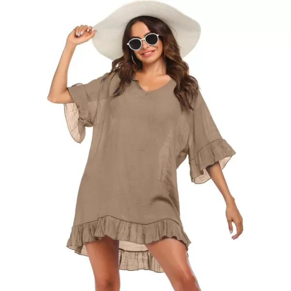 Ekouaer Womens Swimsuit Coverup V Neck Bathing Suit Beach Dress Sexy Ruffle Sleeves Bikini Cover Up Loose Top XS3XLKhaki