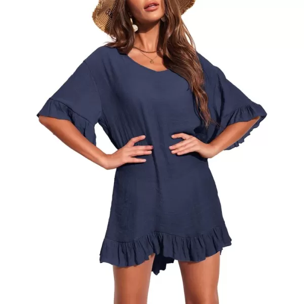 Ekouaer Womens Swimsuit Coverup V Neck Bathing Suit Beach Dress Sexy Ruffle Sleeves Bikini Cover Up Loose Top XS3XLNavy