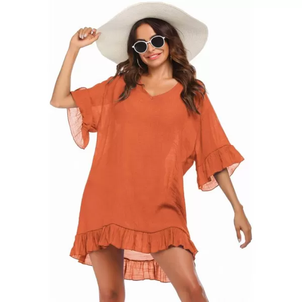 Ekouaer Womens Swimsuit Coverup V Neck Bathing Suit Beach Dress Sexy Ruffle Sleeves Bikini Cover Up Loose Top XS3XLOrange