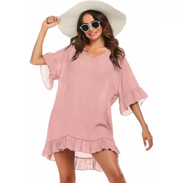 Ekouaer Womens Swimsuit Coverup V Neck Bathing Suit Beach Dress Sexy Ruffle Sleeves Bikini Cover Up Loose Top XS3XLPastel Peach