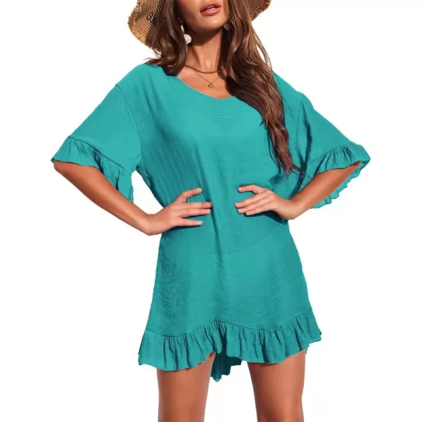 Ekouaer Womens Swimsuit Coverup V Neck Bathing Suit Beach Dress Sexy Ruffle Sleeves Bikini Cover Up Loose Top XS3XLPeacock Blue2