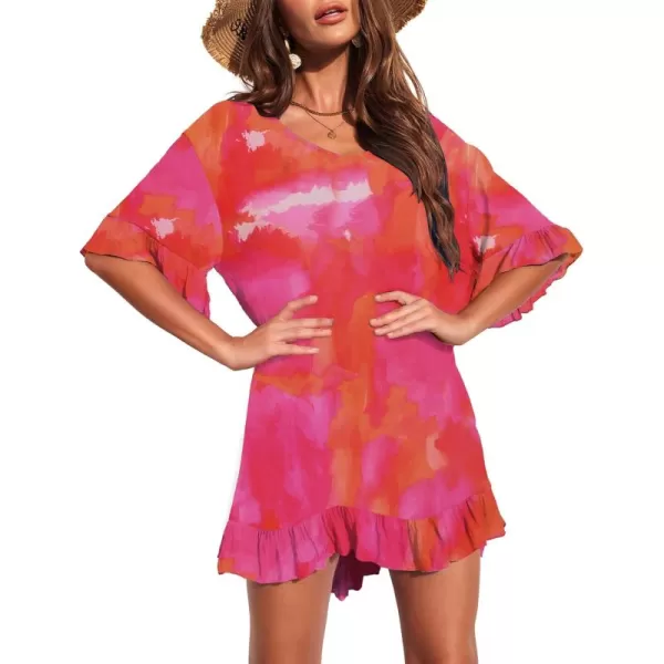 Ekouaer Womens Swimsuit Coverup V Neck Bathing Suit Beach Dress Sexy Ruffle Sleeves Bikini Cover Up Loose Top XS3XLRose Tie Dye