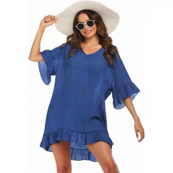 Ekouaer Womens Swimsuit Coverup V Neck Bathing Suit Beach Dress Sexy Ruffle Sleeves Bikini Cover Up Loose Top XS3XLRoyal Blue