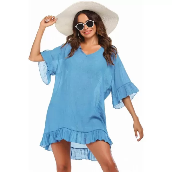 Ekouaer Womens Swimsuit Coverup V Neck Bathing Suit Beach Dress Sexy Ruffle Sleeves Bikini Cover Up Loose Top XS3XLSky Blue