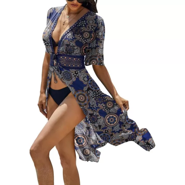 Ekouaer Womens Swimwear Cover Ups Sexy Open Front Beach Bikini Swimsuit Kimono Cardigan Cover Up Long Flowy BeachwearRound Print