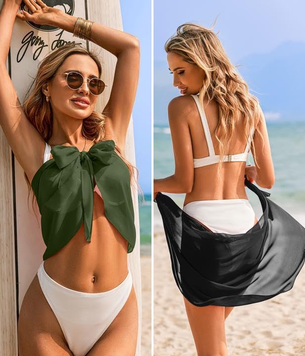 Ekouaer 2 Pcs Sarong Coverups for Women Beach Wrap Skirt Chiffon Swimsuit Coverup for Swimwear SXXLBlackarmy Green