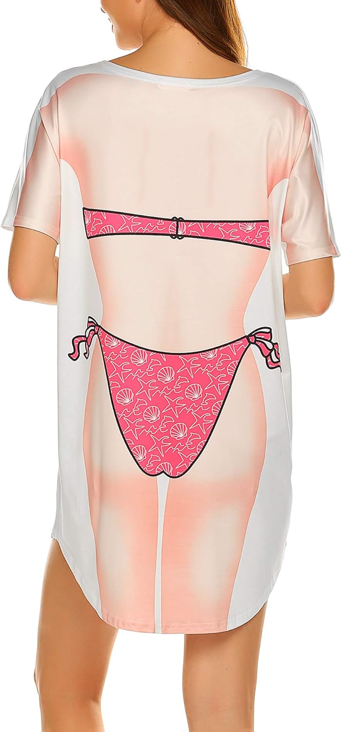 Ekouaer Womens Bikini Shirt Cover Up Short Sleeve Cute Bikini Print CoverUp Baggy T Shirt Dress Fun WearAhot Pink
