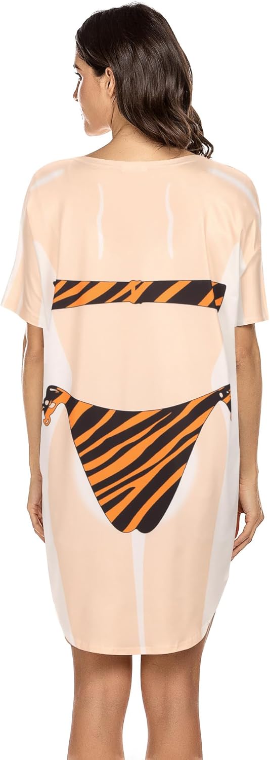 Ekouaer Womens Bikini Shirt Cover Up Short Sleeve Cute Bikini Print CoverUp Baggy T Shirt Dress Fun WearBrown Zebra