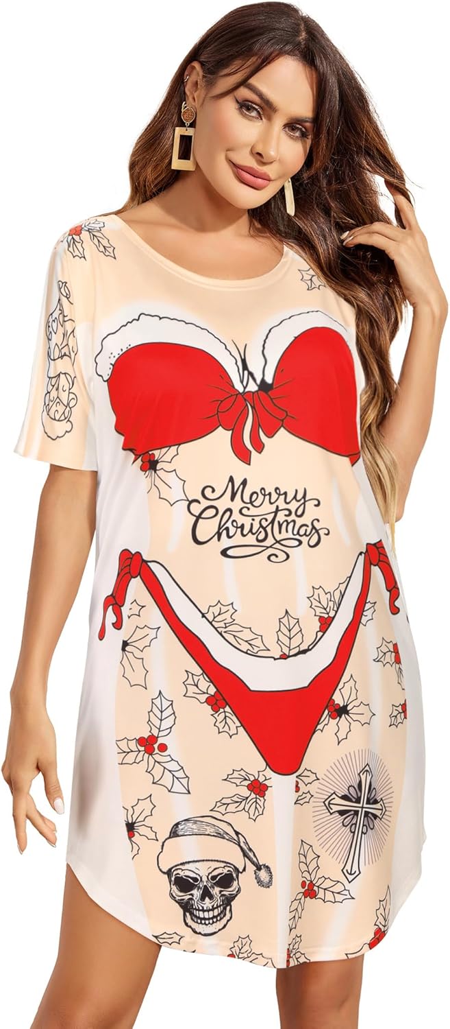 Ekouaer Womens Bikini Shirt Cover Up Short Sleeve Cute Bikini Print CoverUp Baggy T Shirt Dress Fun WearChristmas