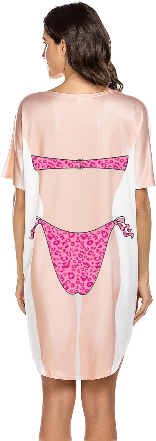 Ekouaer Womens Bikini Shirt Cover Up Short Sleeve Cute Bikini Print CoverUp Baggy T Shirt Dress Fun WearHot Pink Leopard