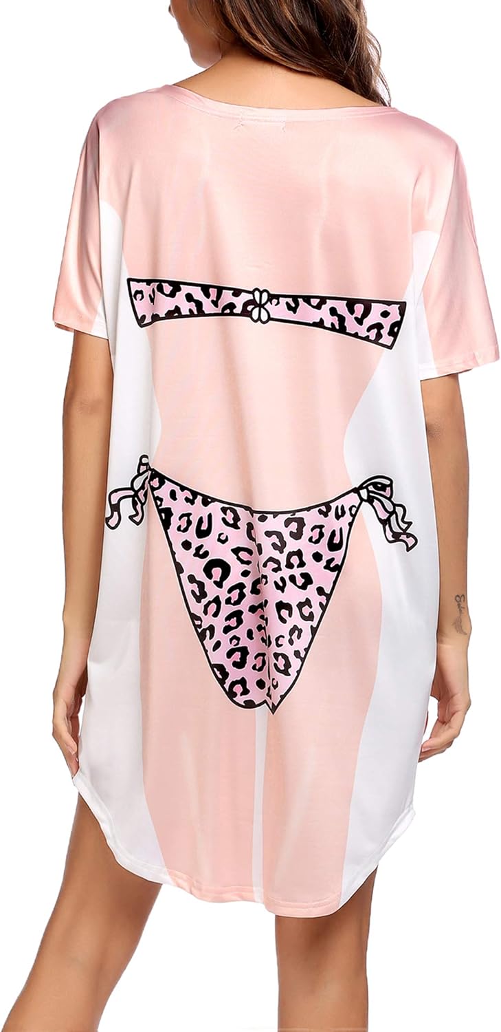 Ekouaer Womens Bikini Shirt Cover Up Short Sleeve Cute Bikini Print CoverUp Baggy T Shirt Dress Fun WearLeopard Print Pink