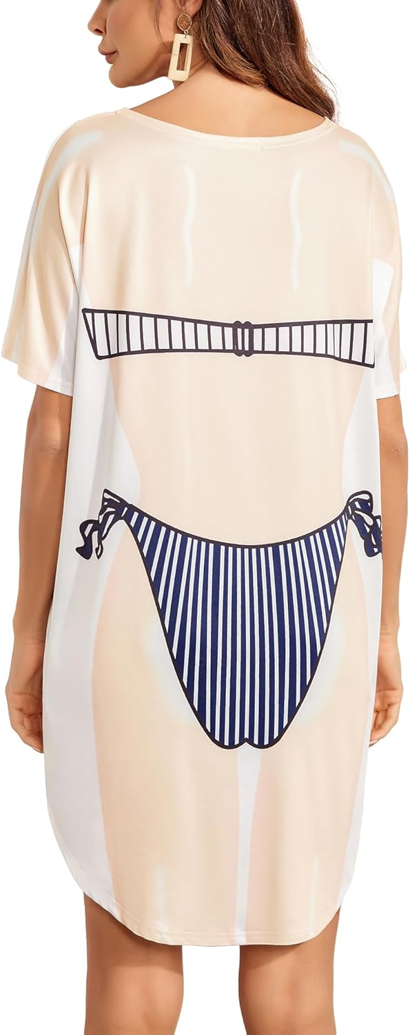 Ekouaer Womens Bikini Shirt Cover Up Short Sleeve Cute Bikini Print CoverUp Baggy T Shirt Dress Fun WearVertical Stripes