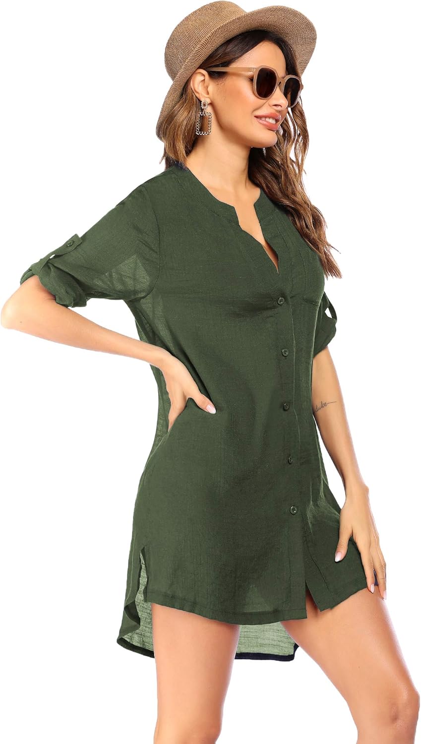 Ekouaer Womens Cover Up Shirt VNeck Swimsuit Beach Bikini Beachwear Button Down Bathing SuitArmy Green