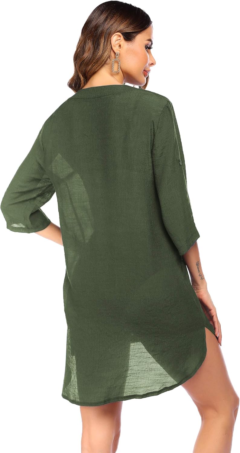 Ekouaer Womens Cover Up Shirt VNeck Swimsuit Beach Bikini Beachwear Button Down Bathing SuitArmy Green