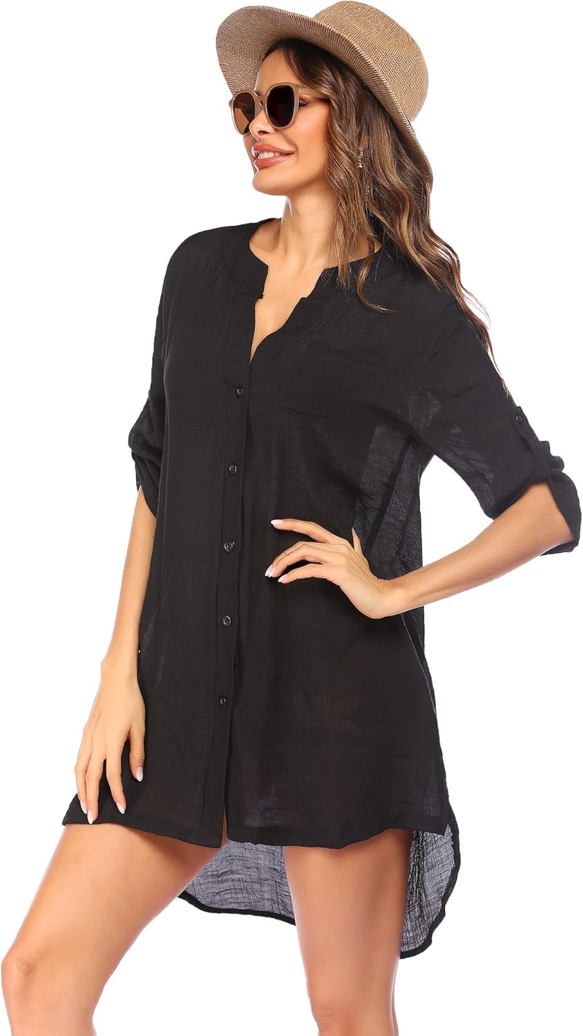 Ekouaer Womens Cover Up Shirt VNeck Swimsuit Beach Bikini Beachwear Button Down Bathing SuitBlack