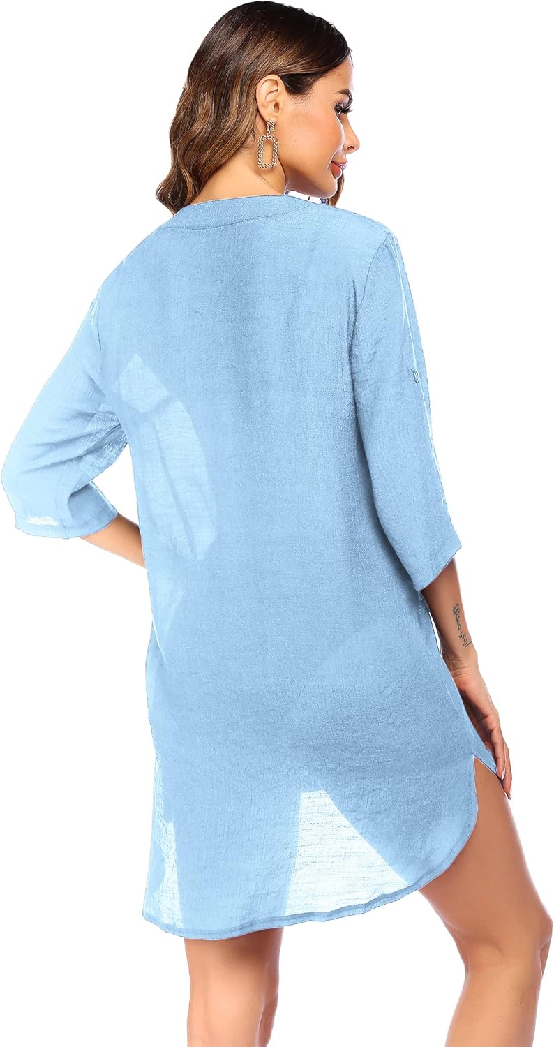 Ekouaer Womens Cover Up Shirt VNeck Swimsuit Beach Bikini Beachwear Button Down Bathing SuitClear Blue
