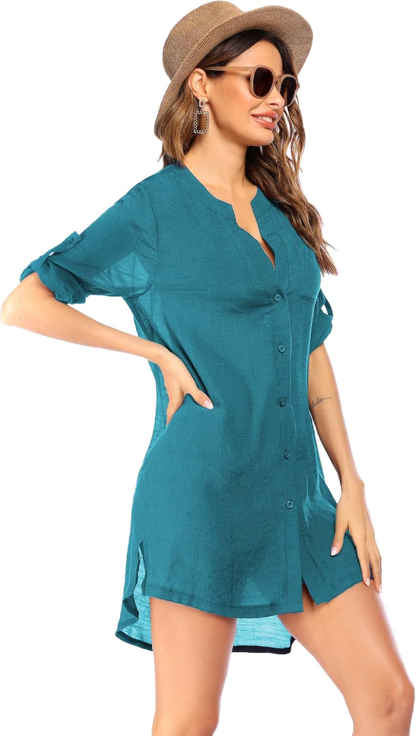 Ekouaer Womens Cover Up Shirt VNeck Swimsuit Beach Bikini Beachwear Button Down Bathing SuitDark Cyan