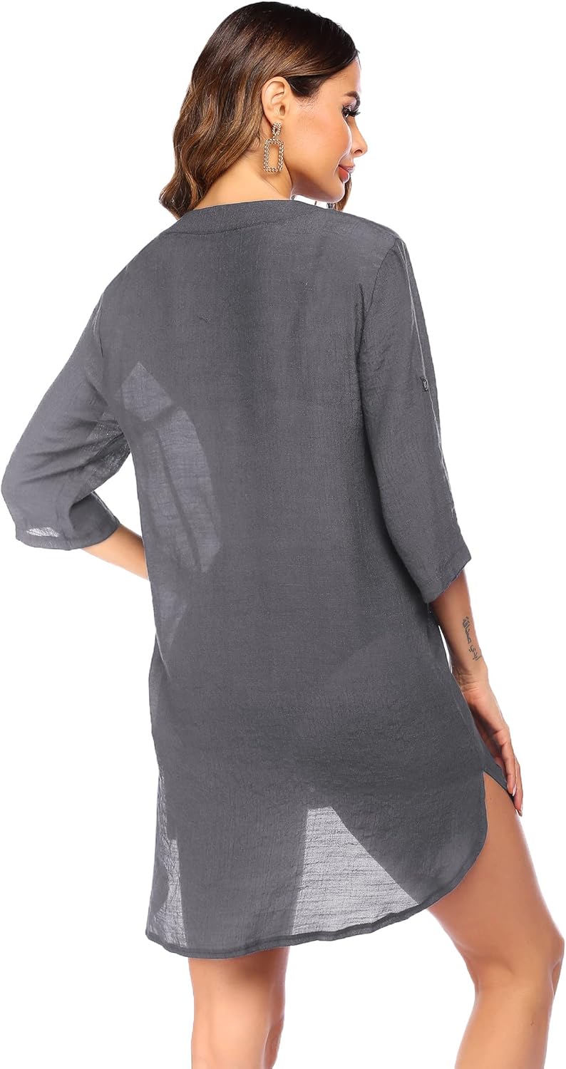 Ekouaer Womens Cover Up Shirt VNeck Swimsuit Beach Bikini Beachwear Button Down Bathing SuitDark Grey