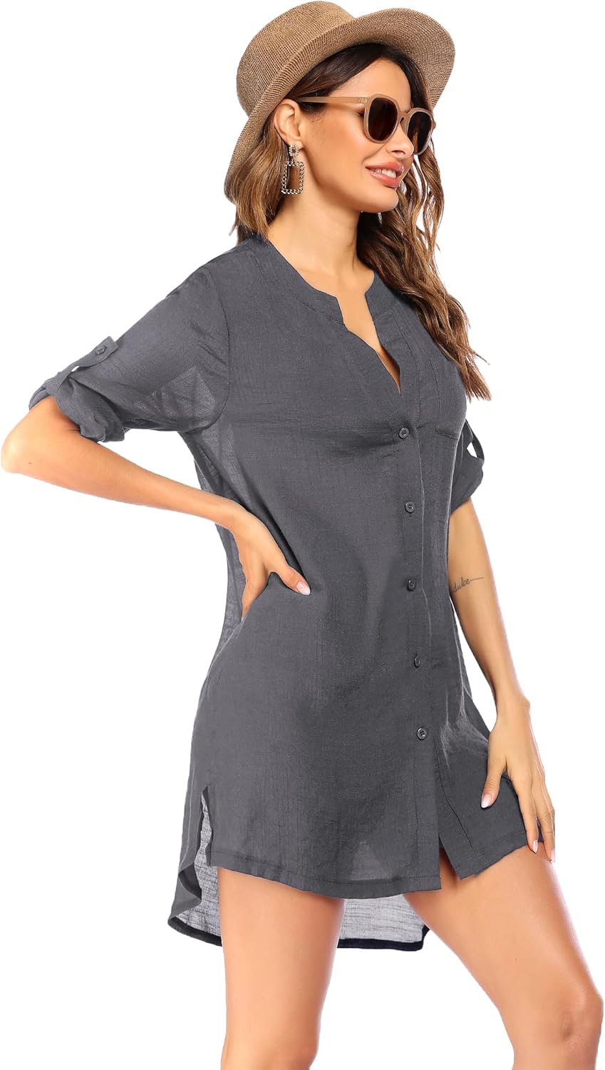 Ekouaer Womens Cover Up Shirt VNeck Swimsuit Beach Bikini Beachwear Button Down Bathing SuitDark Grey
