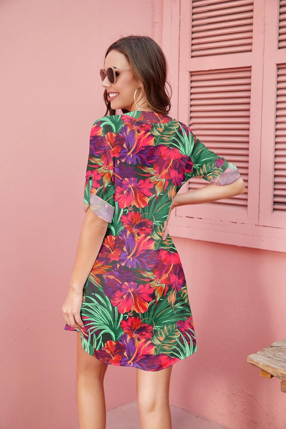 Ekouaer Womens Cover Up Shirt VNeck Swimsuit Beach Bikini Beachwear Button Down Bathing SuitDh690tropical Print