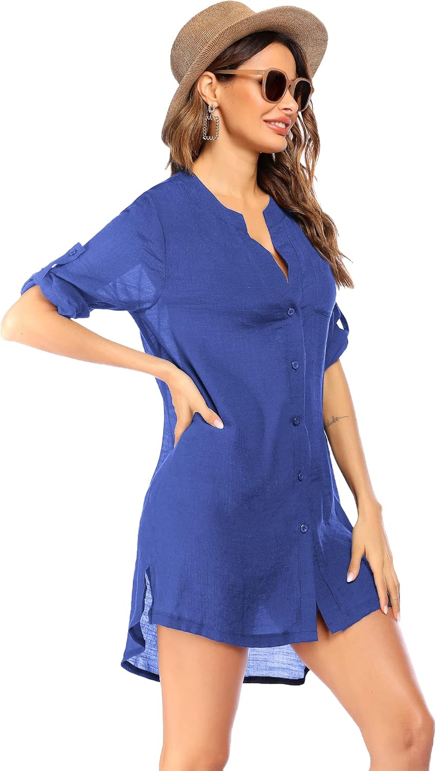 Ekouaer Womens Cover Up Shirt VNeck Swimsuit Beach Bikini Beachwear Button Down Bathing SuitNavy