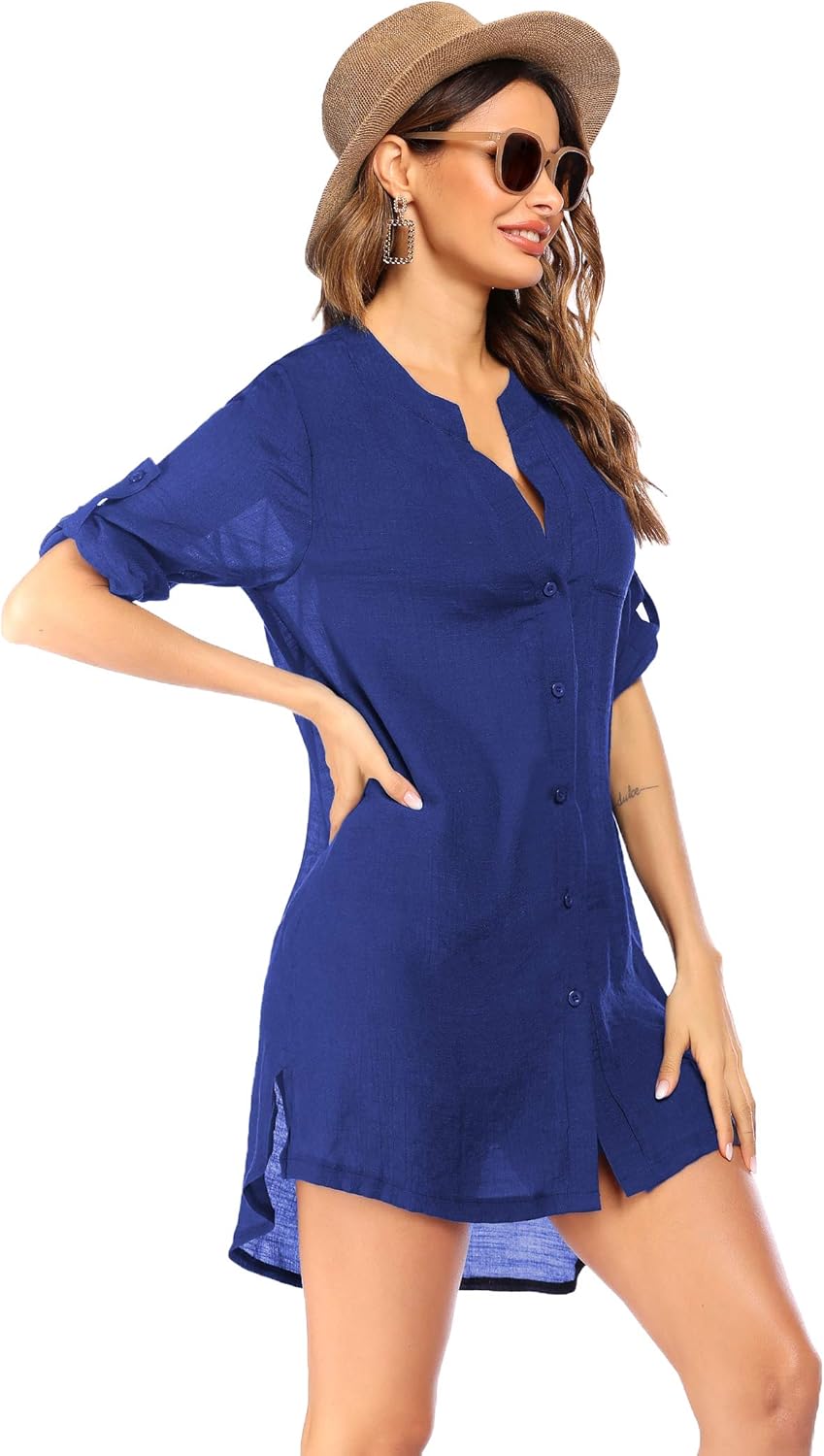 Ekouaer Womens Cover Up Shirt VNeck Swimsuit Beach Bikini Beachwear Button Down Bathing SuitSnorkel Blue