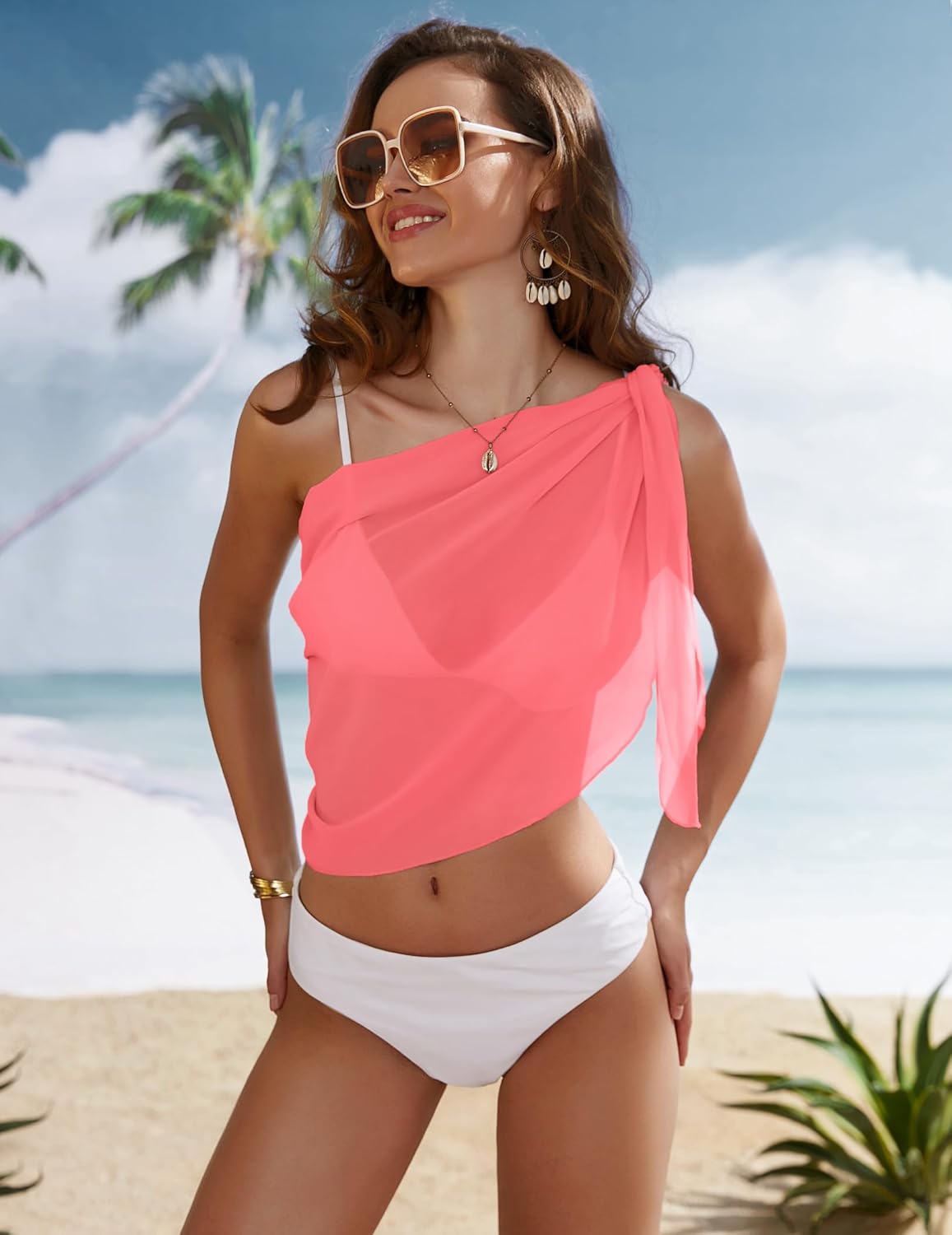 Ekouaer Womens Short Sarongs Chiffon Cover Ups Sheer Bikini Wraps for Swimwear S3XLCoral Pink