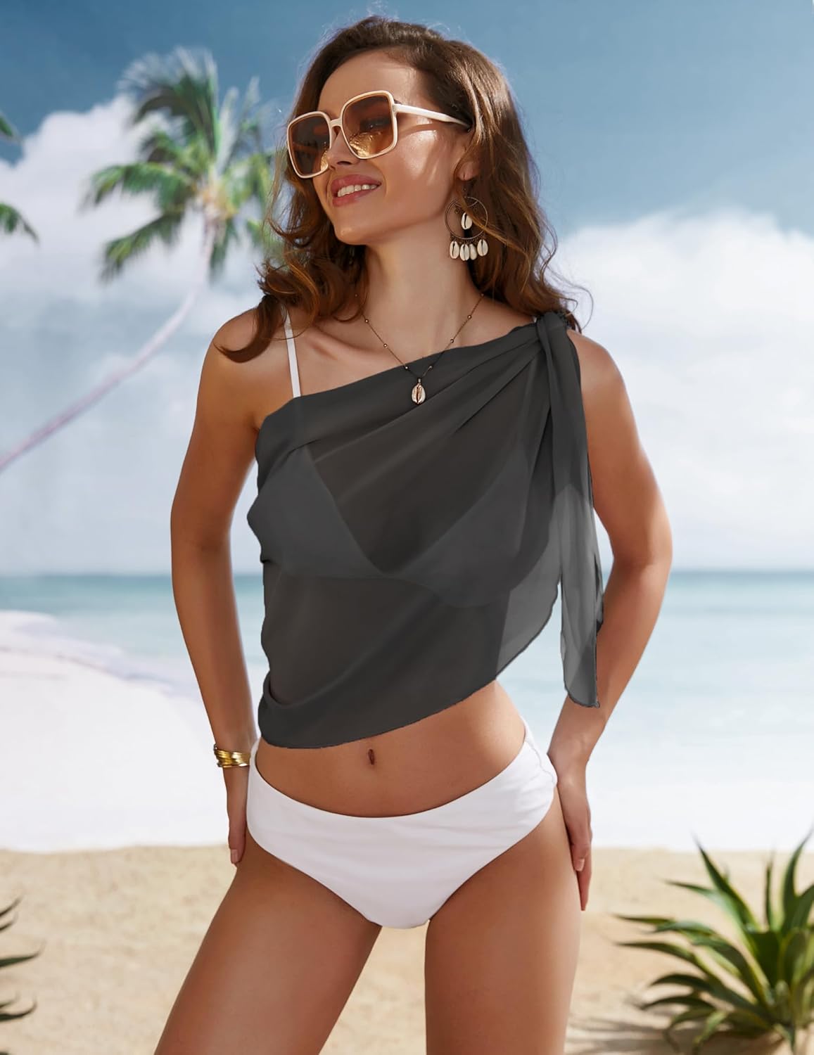 Ekouaer Womens Short Sarongs Chiffon Cover Ups Sheer Bikini Wraps for Swimwear S3XLDark Gray