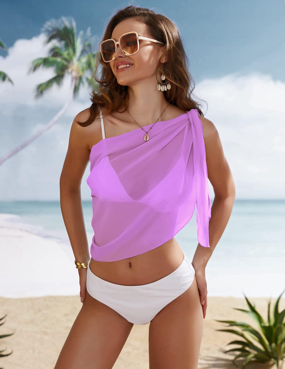 Ekouaer Womens Short Sarongs Chiffon Cover Ups Sheer Bikini Wraps for Swimwear S3XLRose Purple