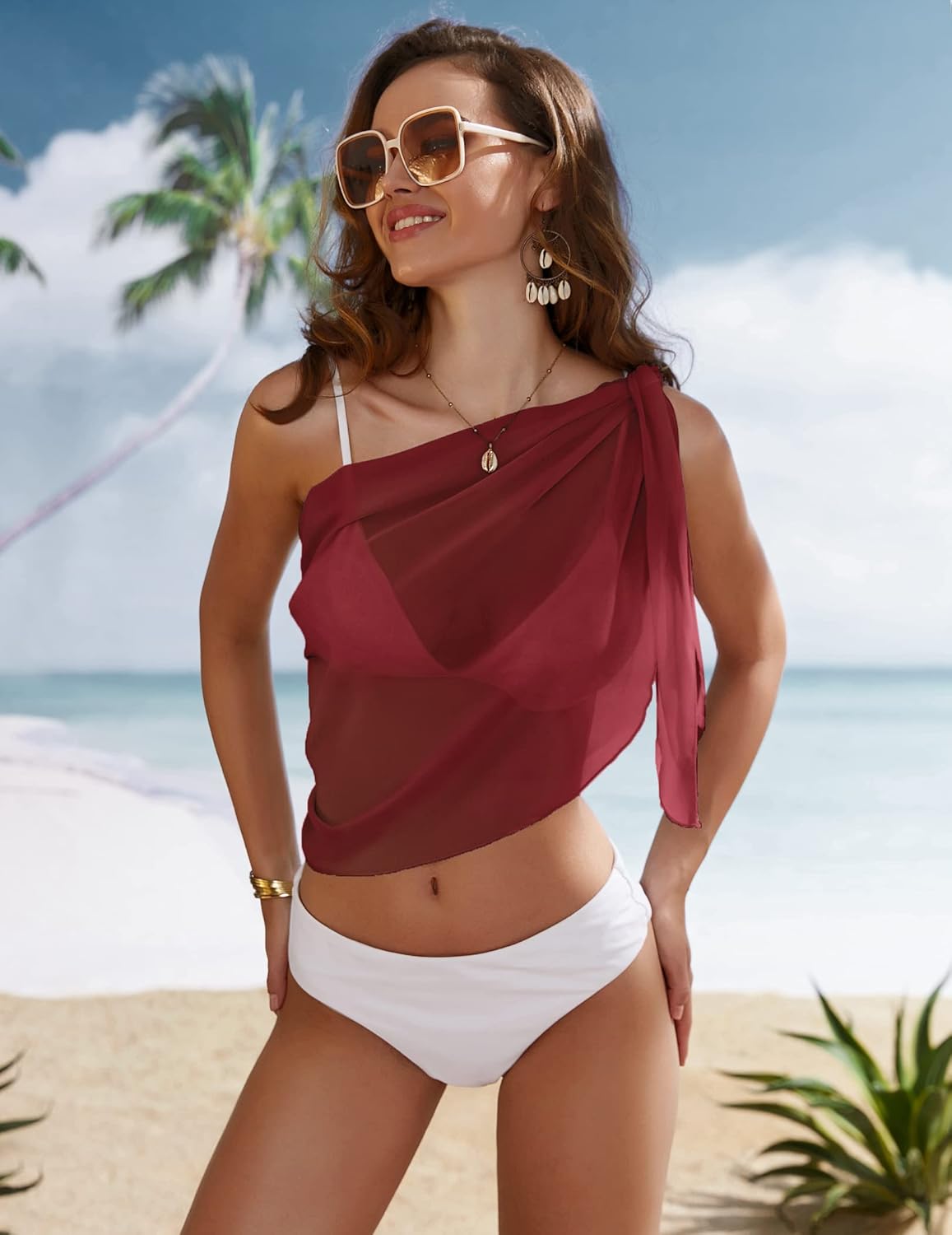 Ekouaer Womens Short Sarongs Chiffon Cover Ups Sheer Bikini Wraps for Swimwear S3XLWine Red