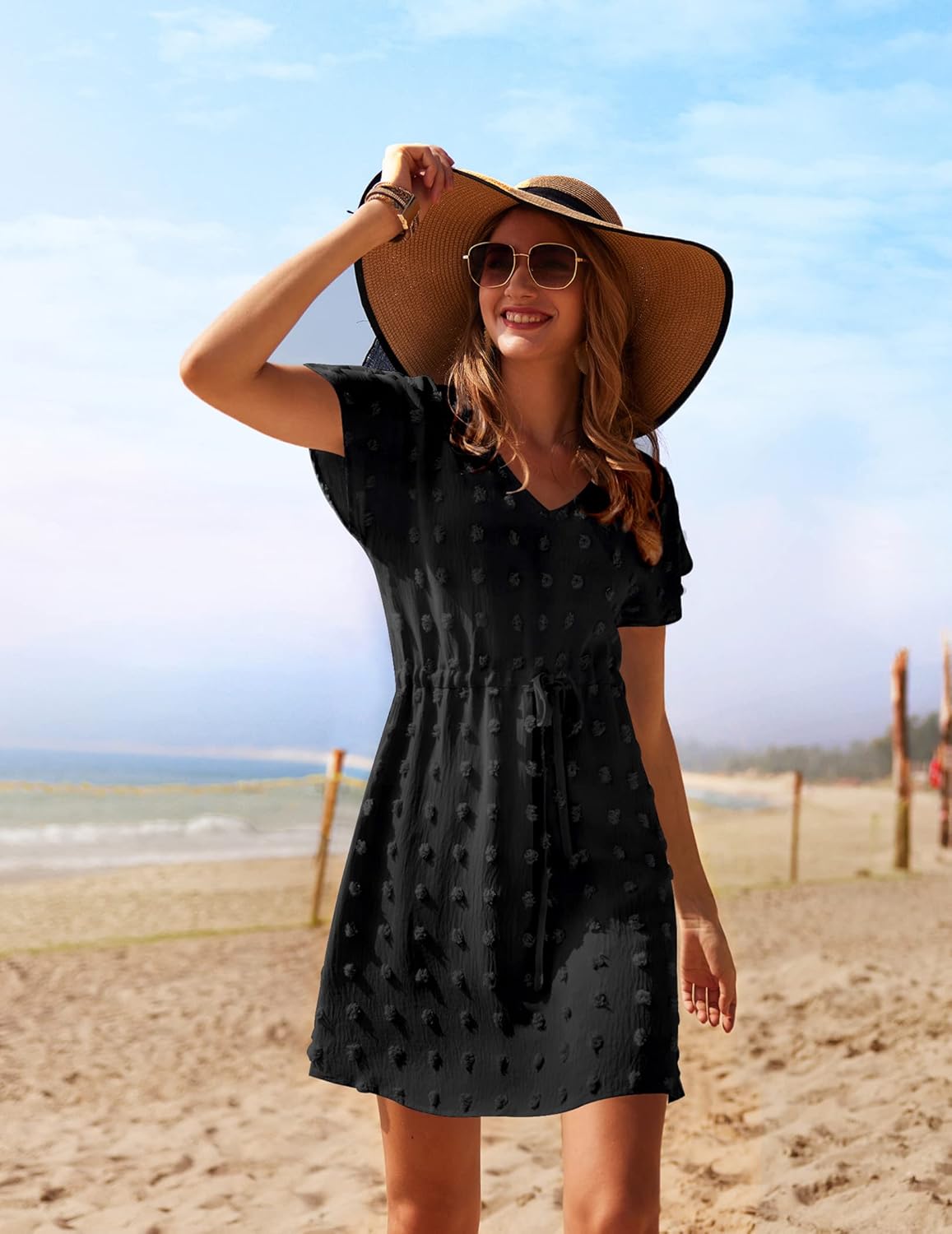 Ekouaer Womens Swimsuit Cover Up Swiss Dots Chiffon Bikini Beachwear Flowy Pom Pom CoverupsAblack