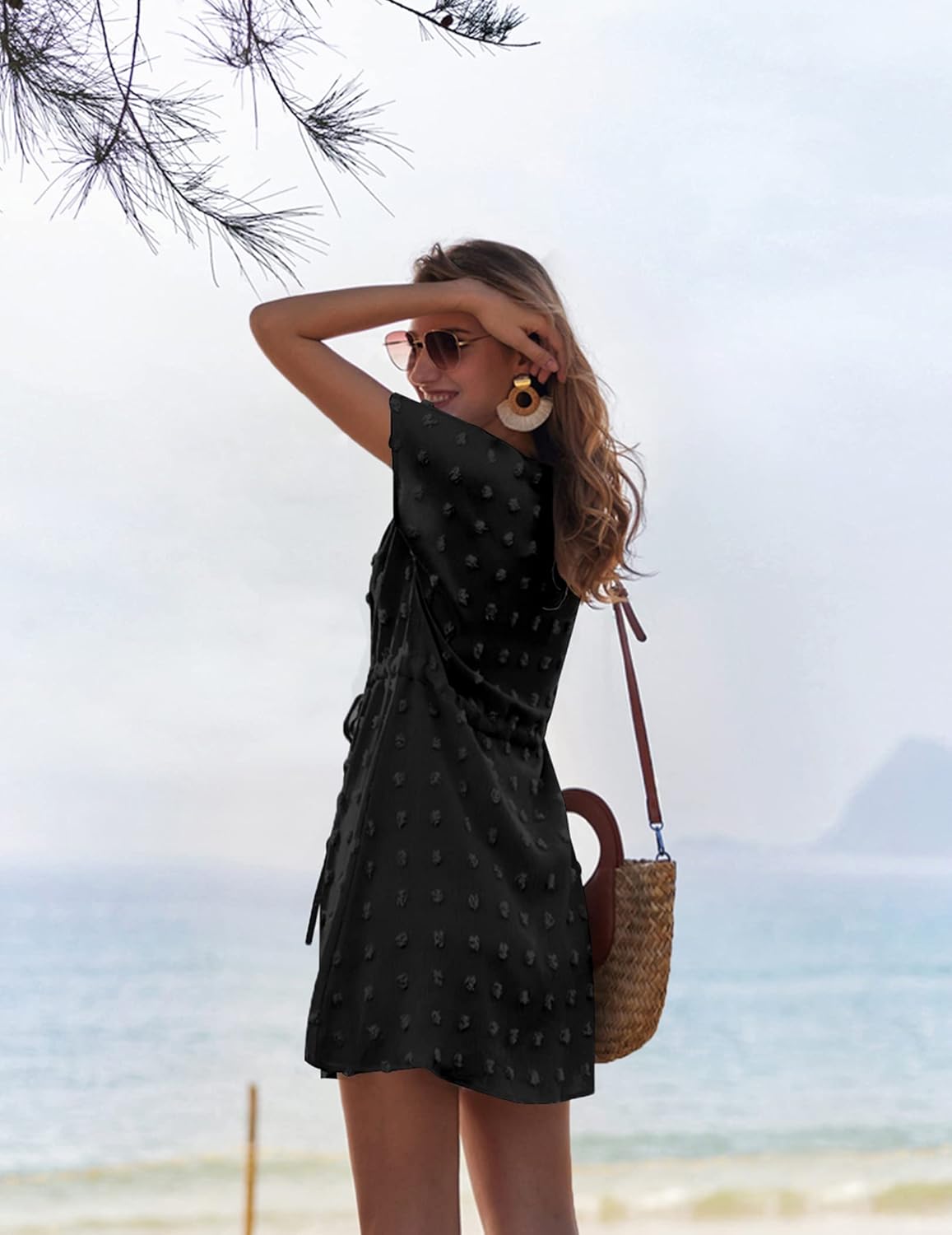 Ekouaer Womens Swimsuit Cover Up Swiss Dots Chiffon Bikini Beachwear Flowy Pom Pom CoverupsAblack