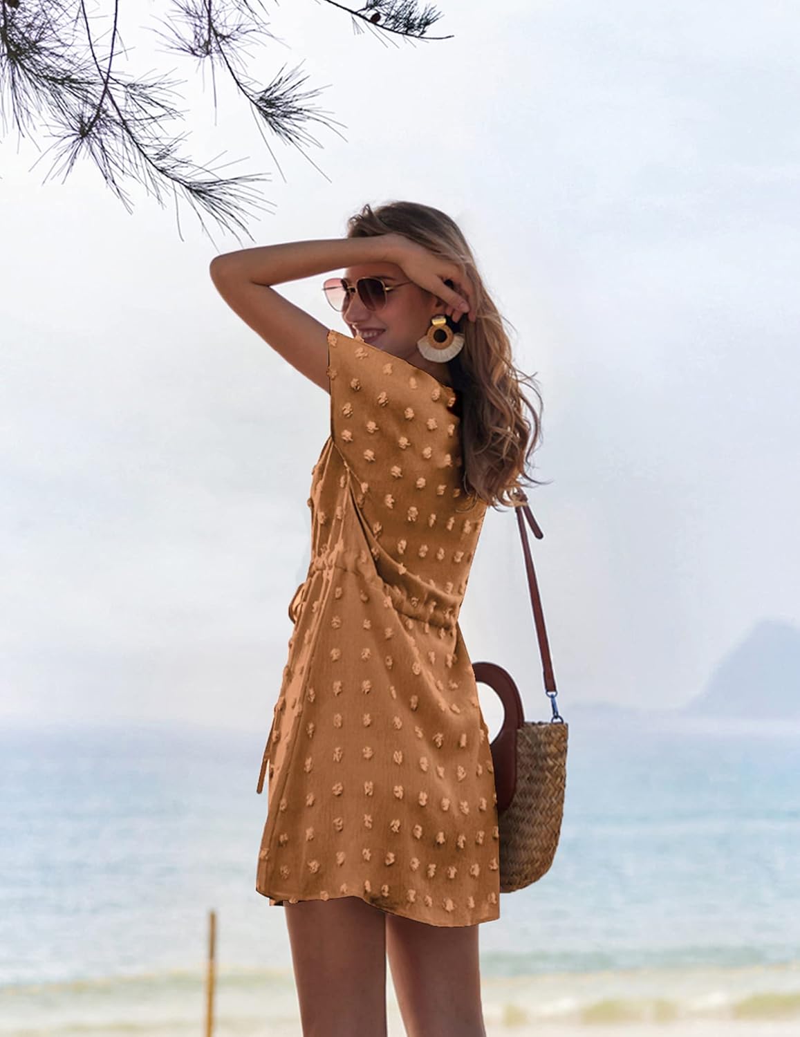 Ekouaer Womens Swimsuit Cover Up Swiss Dots Chiffon Bikini Beachwear Flowy Pom Pom CoverupsAcamel