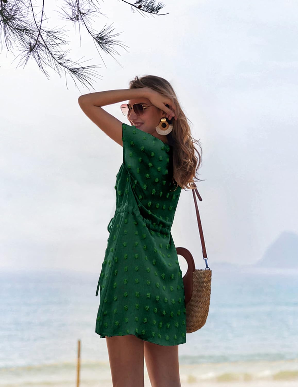 Ekouaer Womens Swimsuit Cover Up Swiss Dots Chiffon Bikini Beachwear Flowy Pom Pom CoverupsAdark Green