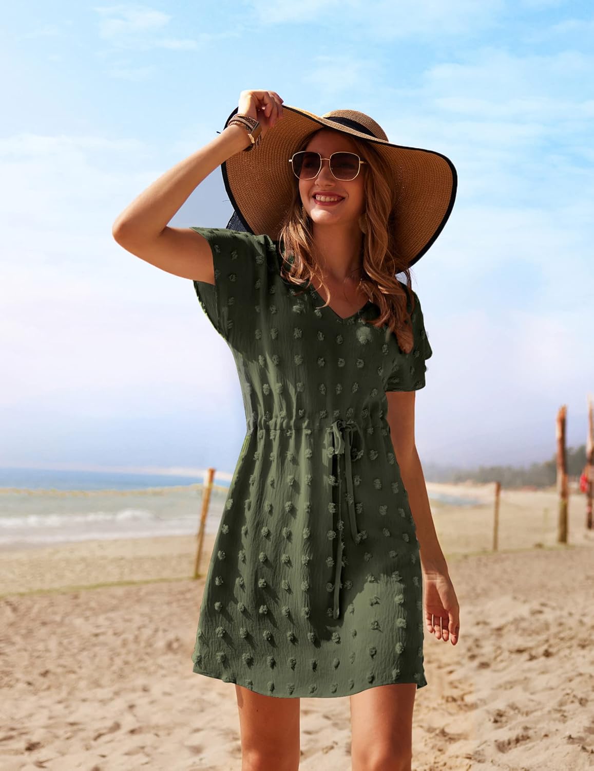 Ekouaer Womens Swimsuit Cover Up Swiss Dots Chiffon Bikini Beachwear Flowy Pom Pom CoverupsAdeep Army Green