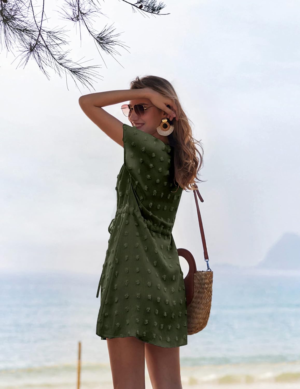 Ekouaer Womens Swimsuit Cover Up Swiss Dots Chiffon Bikini Beachwear Flowy Pom Pom CoverupsAdeep Army Green