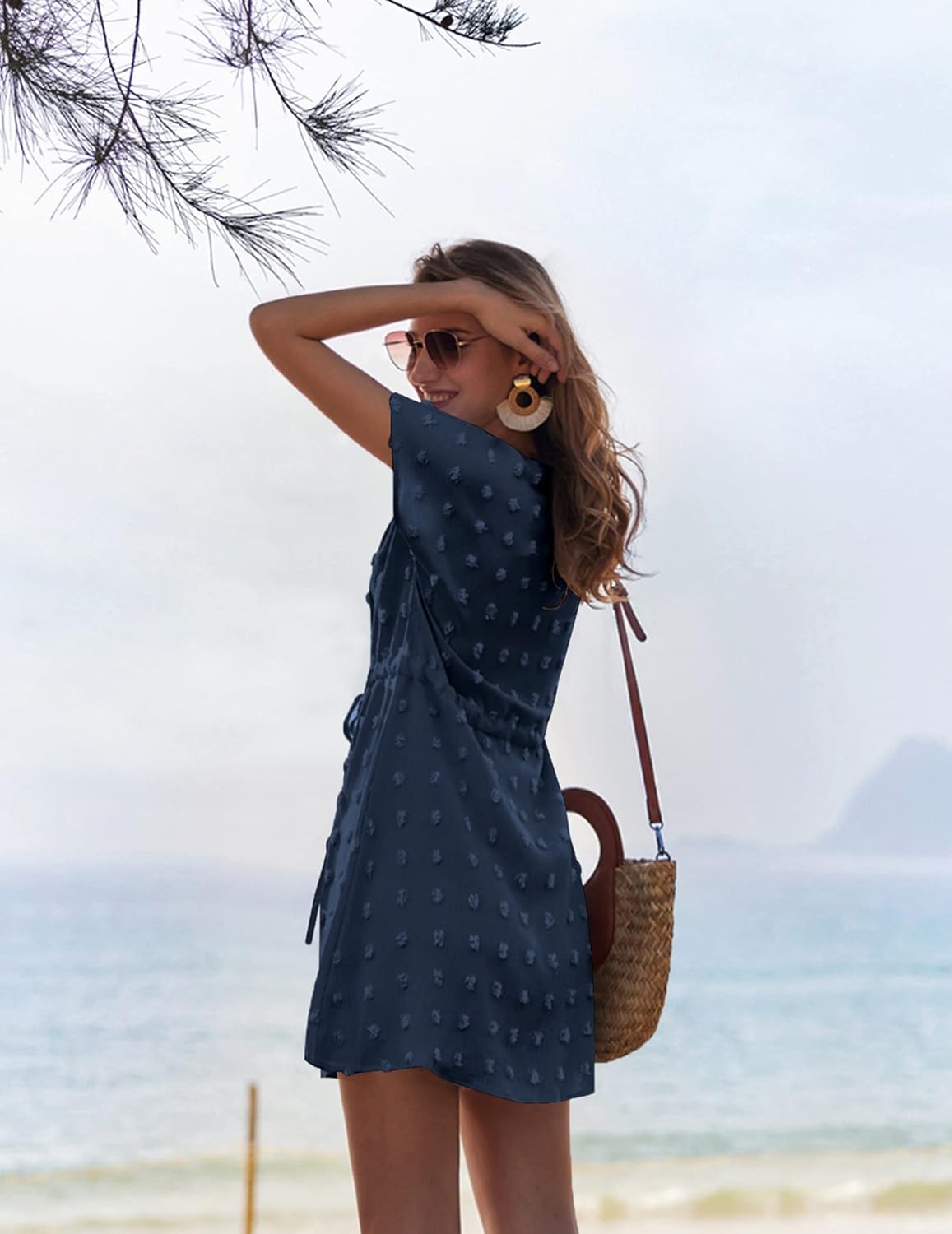 Ekouaer Womens Swimsuit Cover Up Swiss Dots Chiffon Bikini Beachwear Flowy Pom Pom CoverupsAnavy