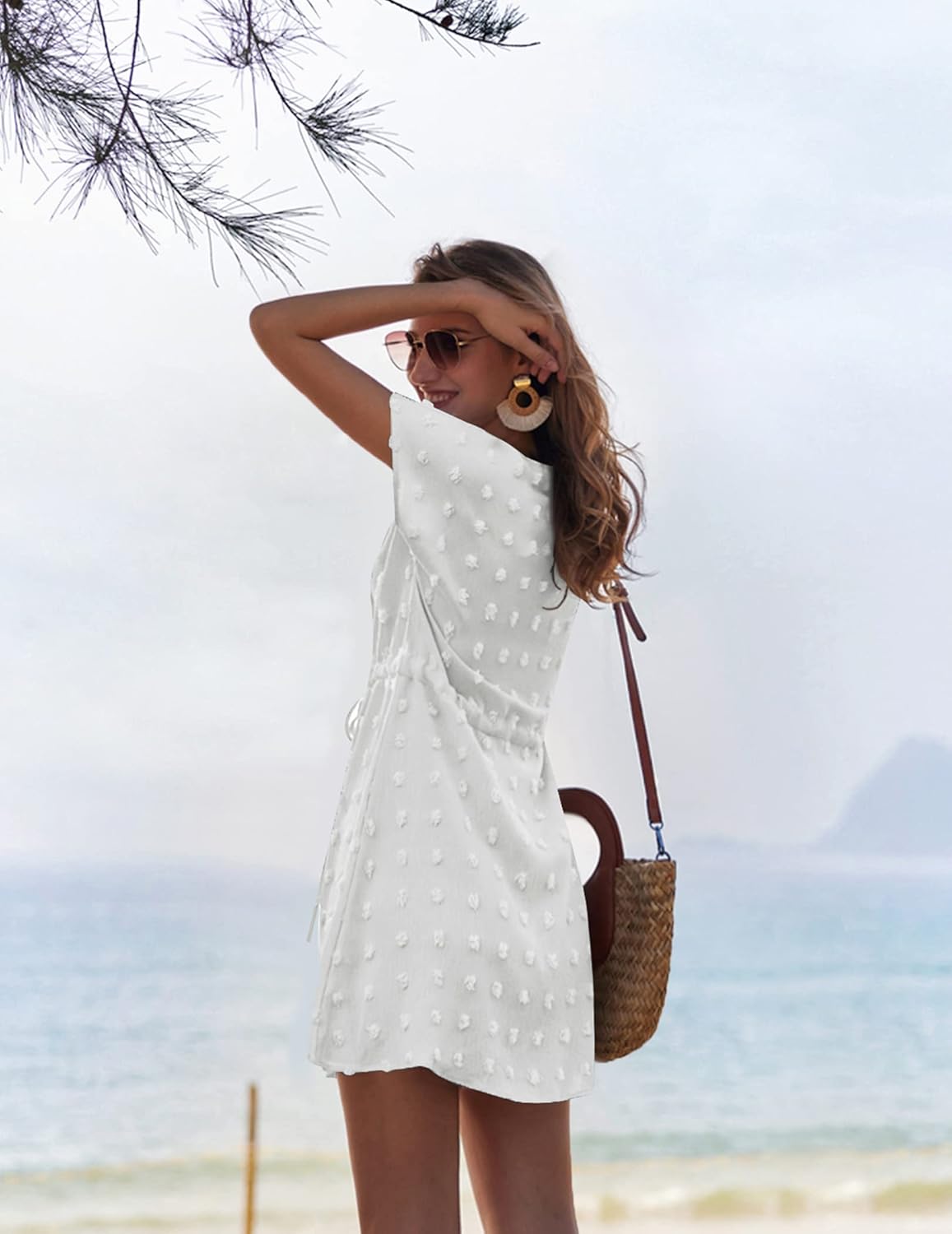 Ekouaer Womens Swimsuit Cover Up Swiss Dots Chiffon Bikini Beachwear Flowy Pom Pom CoverupsAwhite