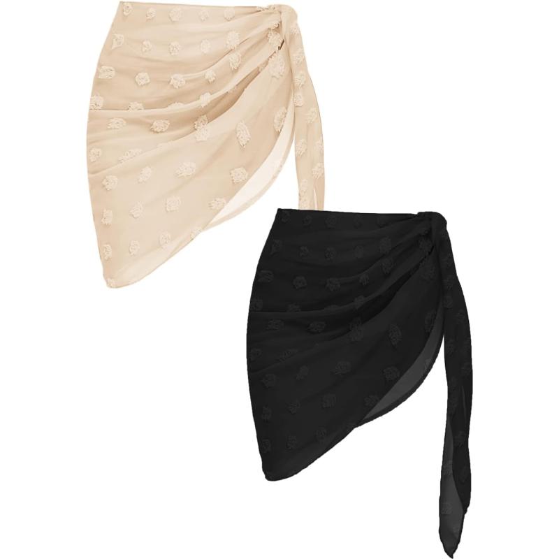 Ekouaer 2 Pcs Sarong Coverups for Women Beach Wrap Skirt Chiffon Swimsuit Coverup for Swimwear SXXLBlackApricot Dot