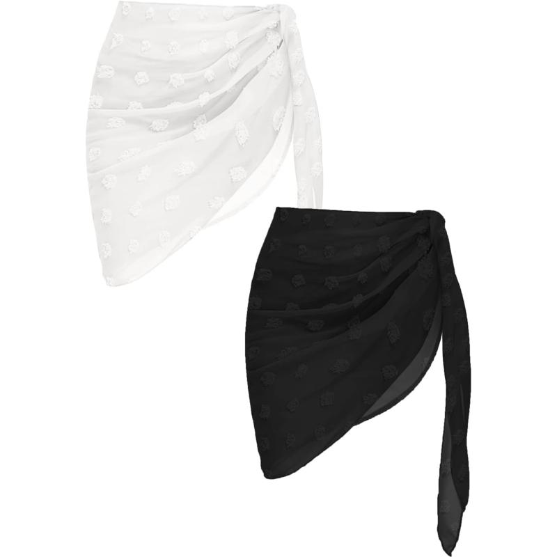 Ekouaer 2 Pcs Sarong Coverups for Women Beach Wrap Skirt Chiffon Swimsuit Coverup for Swimwear SXXLBlackWhite Dot