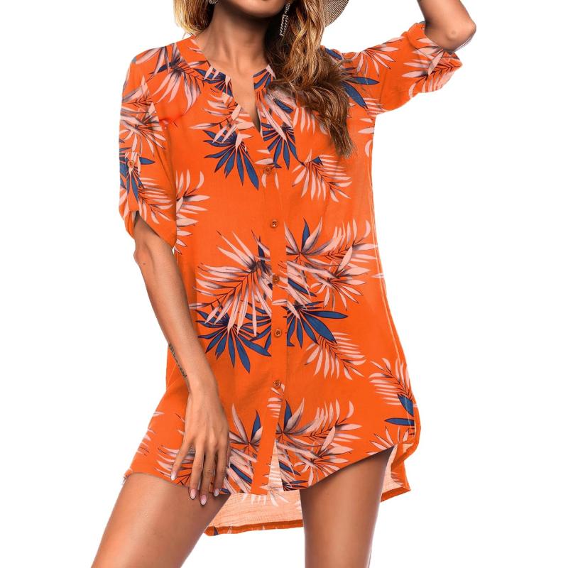 Ekouaer Womens Cover Up Shirt VNeck Swimsuit Beach Bikini Beachwear Button Down Bathing SuitZw530tropical Print