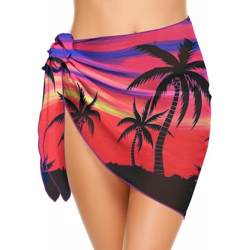 Ekouaer Womens Short Sarongs Chiffon Cover Ups Sheer Bikini Wraps for Swimwear S3XLPat19red Coconut Tree