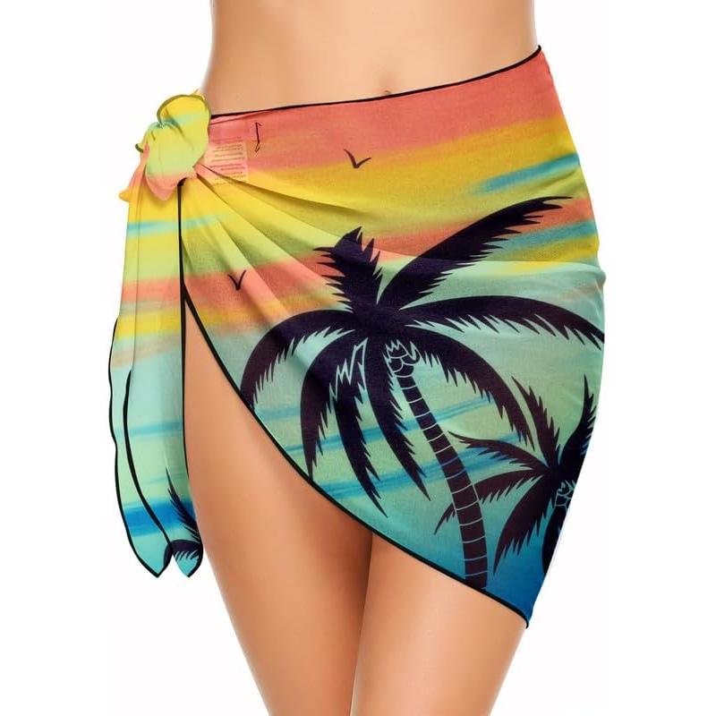 Ekouaer Womens Short Sarongs Chiffon Cover Ups Sheer Bikini Wraps for Swimwear S3XLPat25green Coconut Tree