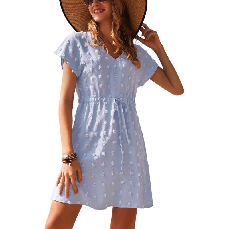 Ekouaer Womens Swimsuit Cover Up Swiss Dots Chiffon Bikini Beachwear Flowy Pom Pom CoverupsAsky Blue