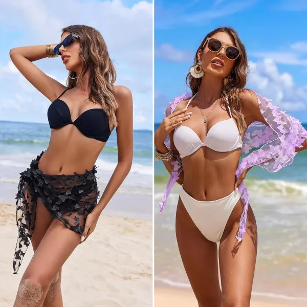 Ekouaer 2 Pcs Sarong Coverups for Women Beach Wrap Skirt Chiffon Swimsuit Coverup for Swimwear SXXLButterflyblacklilac